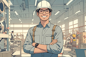 Smiling engineer wearing helmet in a modern industrial manufacturing facility, a Photo by AS photostudio