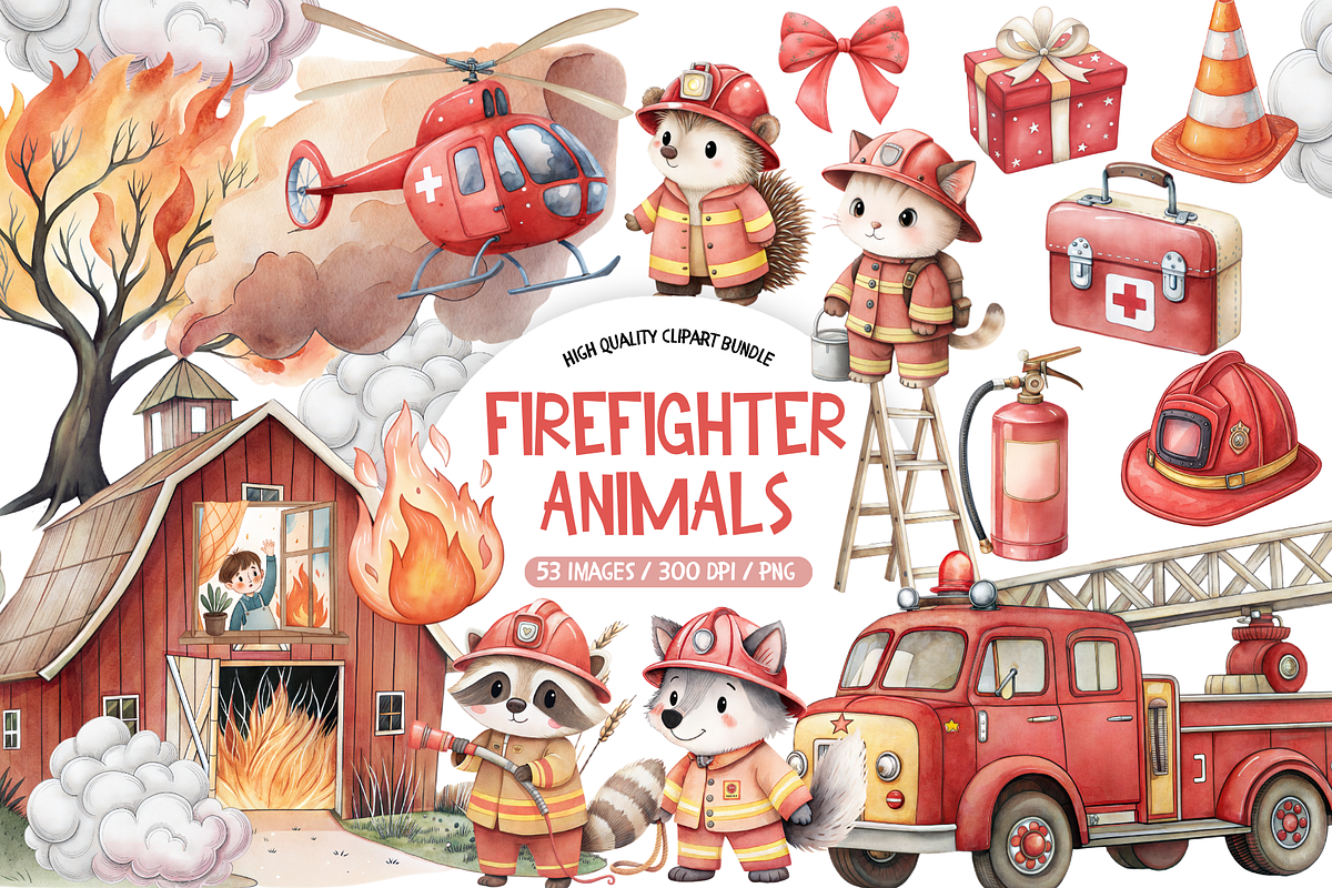 Firefighter Animals Clipart, an Animal Illustration by TatiMockup (Photo 1 of 7)