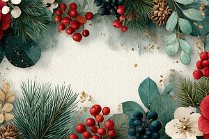 Watercolor Christmas Floral Frame with Red Flowers, Berries, Pin, a Background Photo by José Manuel Gelpi