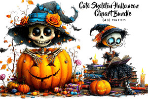 Cute Skeleton Halloween Clipart, a Seasonal Illustration by CreationArt