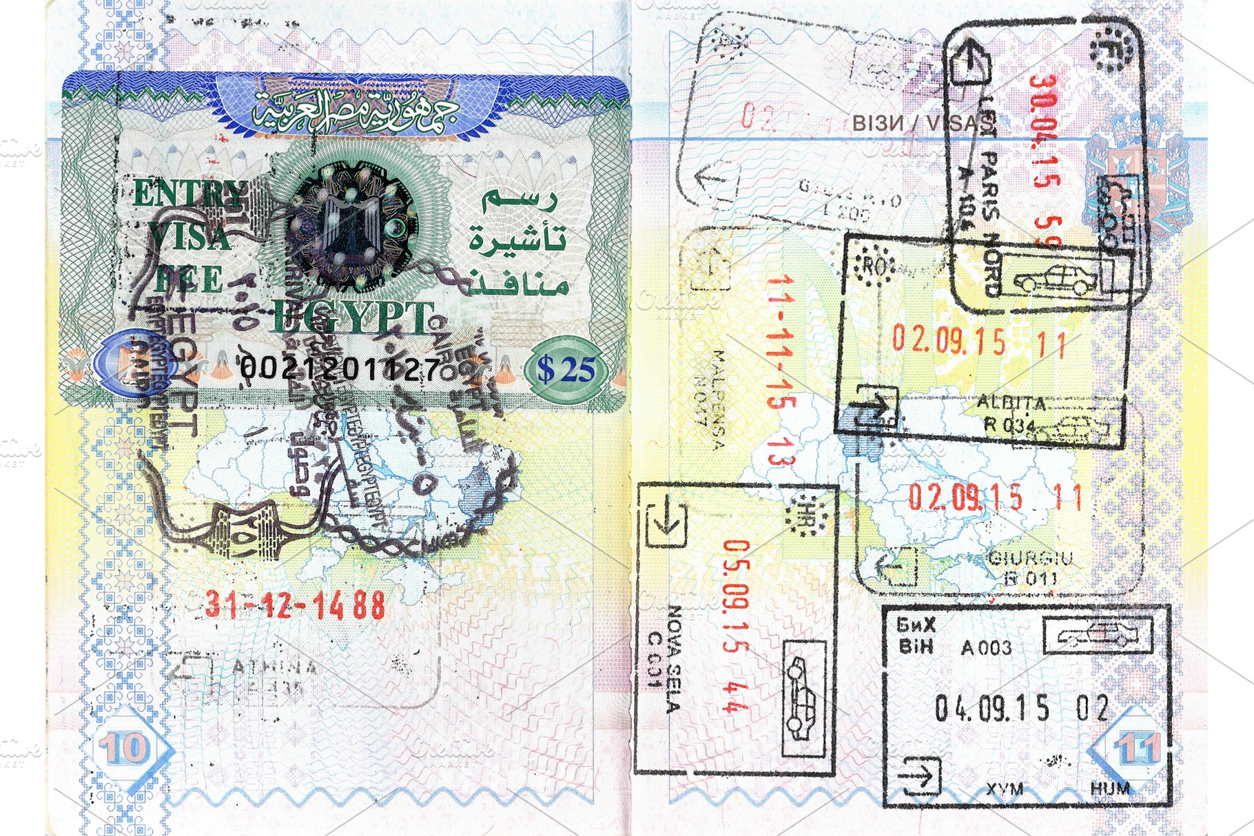 Passport stamps of Egypt, Greece, Bulgaria, France, Italy, Romania,, an Abstract Photo by Leonid Andronov