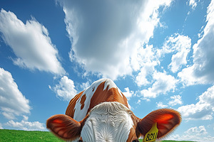 A close-up of a brown and white cow grazing on lush green grass under a bright, an Animal Illustration by Textures & Backgrounds
