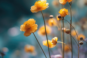 Yellow Wildflowers with Purple Garden Foliage and Soft Bokeh Bac, a Nature Photo by José Manuel Gelpi