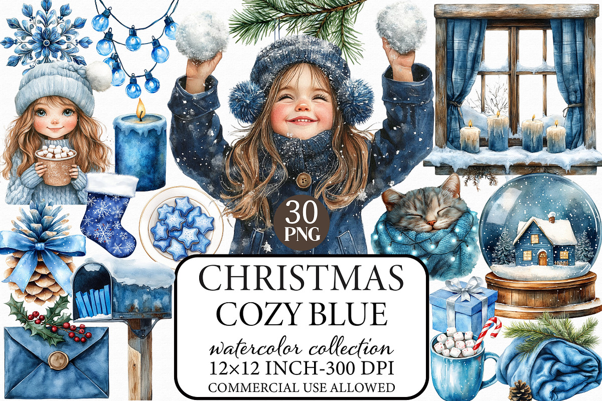 Cozy Christmas Blue Clipart, an Illustration by Libby Wishes (Photo 1 of 7)
