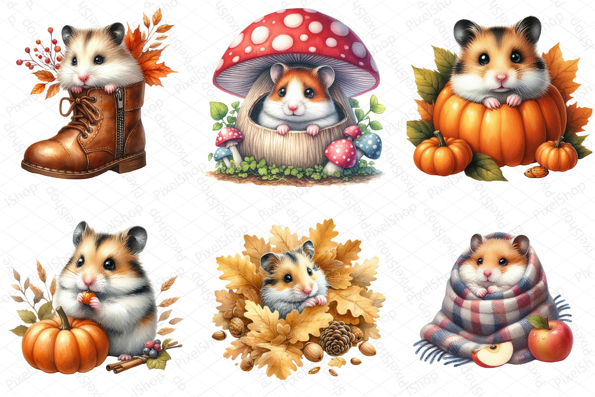Watercolor Autumn Hamster Clipart, an Illustration by DreamPrint404 (Photo 3 of 6)