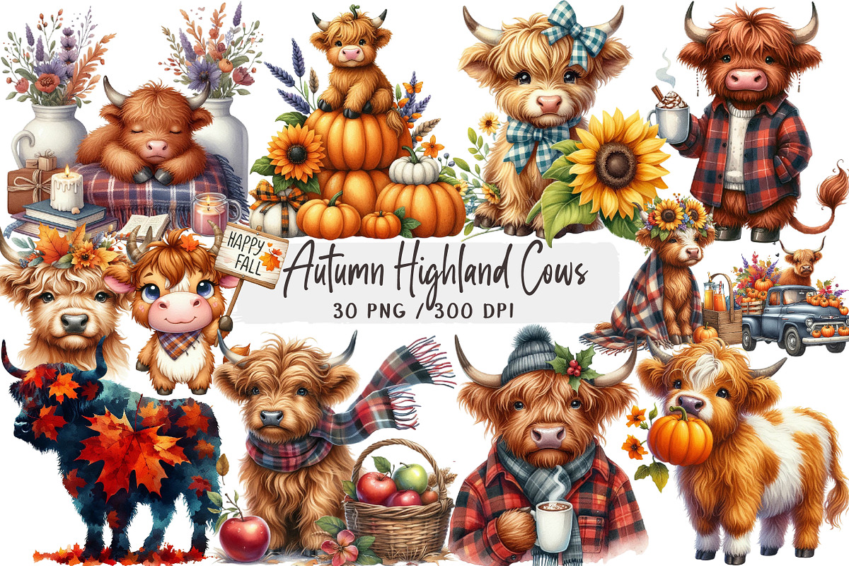 Watercolor Autumn Highland Cows, a Seasonal Illustration by DreamArtGraphic (Photo 1 of 4)