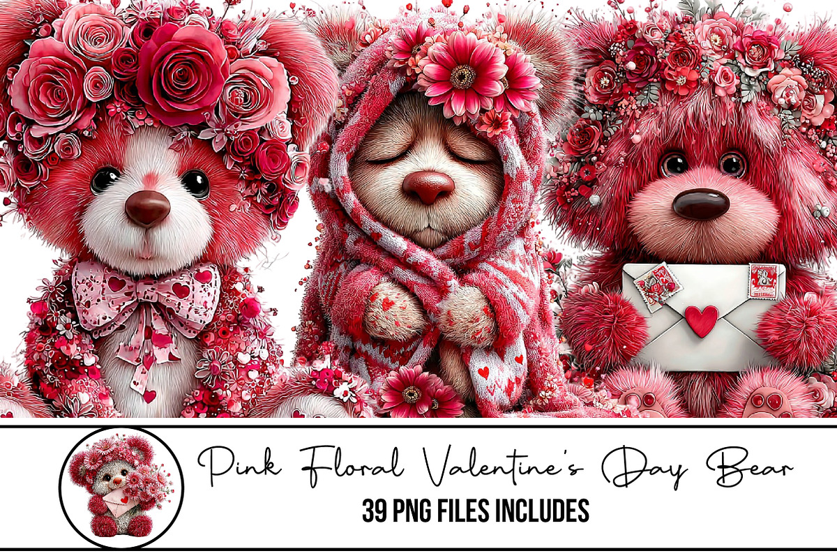 Pink Floral Valentine's Day Bear, an Illustration by DreamArtGraphic (Photo 1 of 5)