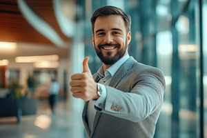 Smiling businessman in modern suit showing thumbs up, a Person Photo by AlyaAnd