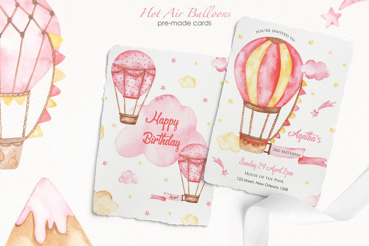 Hot air balloon pink watercolor, a Transportation Illustration by Marina Ermakova (Photo 5 of 9)