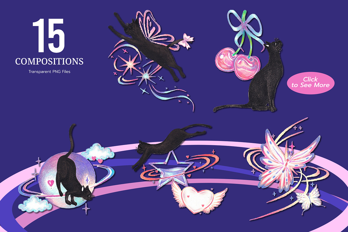 Y2K Galaxy Meow Hand Drawn Digital, an Animal Illustration by CreativeValuation (Photo 3 of 12)