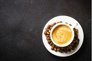 Coffee cup and coffee beans at dark, a Food & Drink Photo by Nadia-nb