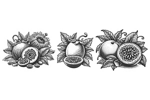 Passion Fruit engraving set vector, a Food Illustration by AlexArt