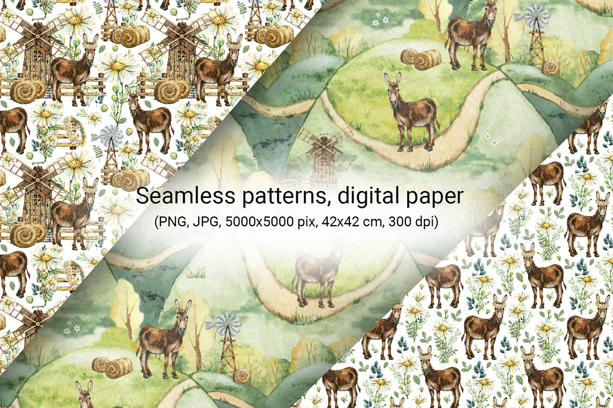 Donkey, farm animals, camomile, a Pattern Graphic by Artmanata (Photo 6 of 10)