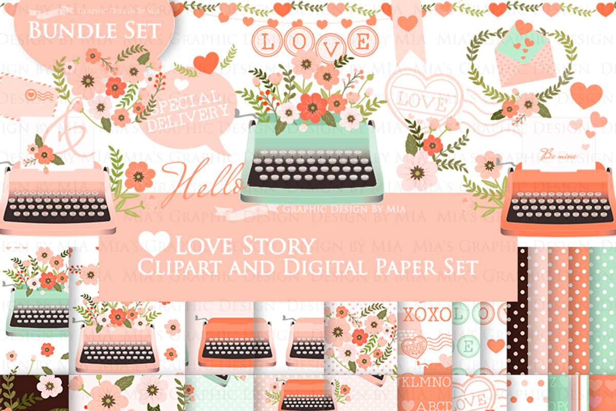 Love Typewriter Peach and Green, an Illustration by Mia's Graphic Design (Photo 1 of 9)