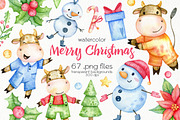 Watercolor Christmas Bulls Clipart, a Decorative Illustration by OllyKo Art (Thumbnail 1 of 8)