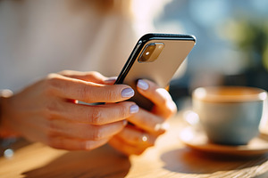 Female hand holding smartphone while sitting at a cafe with a cup of coffee in, a Photo by AlyaAnd