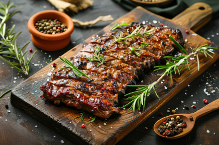 A succulent grilled steak rests on a, a Photo by Tanuart