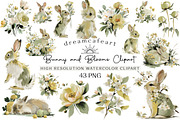 Bunny and Blooms Watercolor Clipart, an Illustration by DreamCafeArt (Thumbnail 1 of 6)