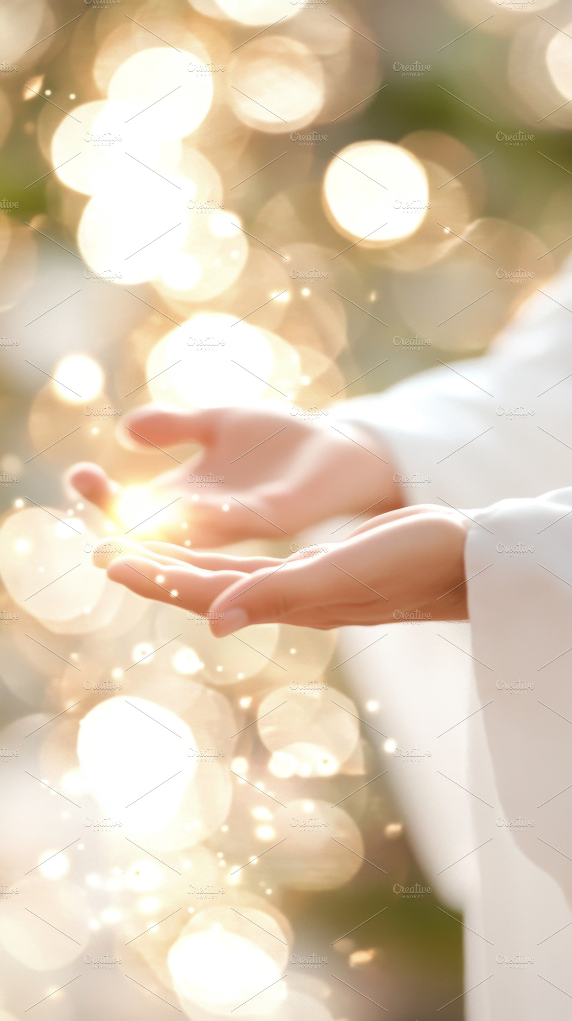 Hand of Jesus reaching out with light in spiritual scene, religi, a Photo by Dvoevnore photos