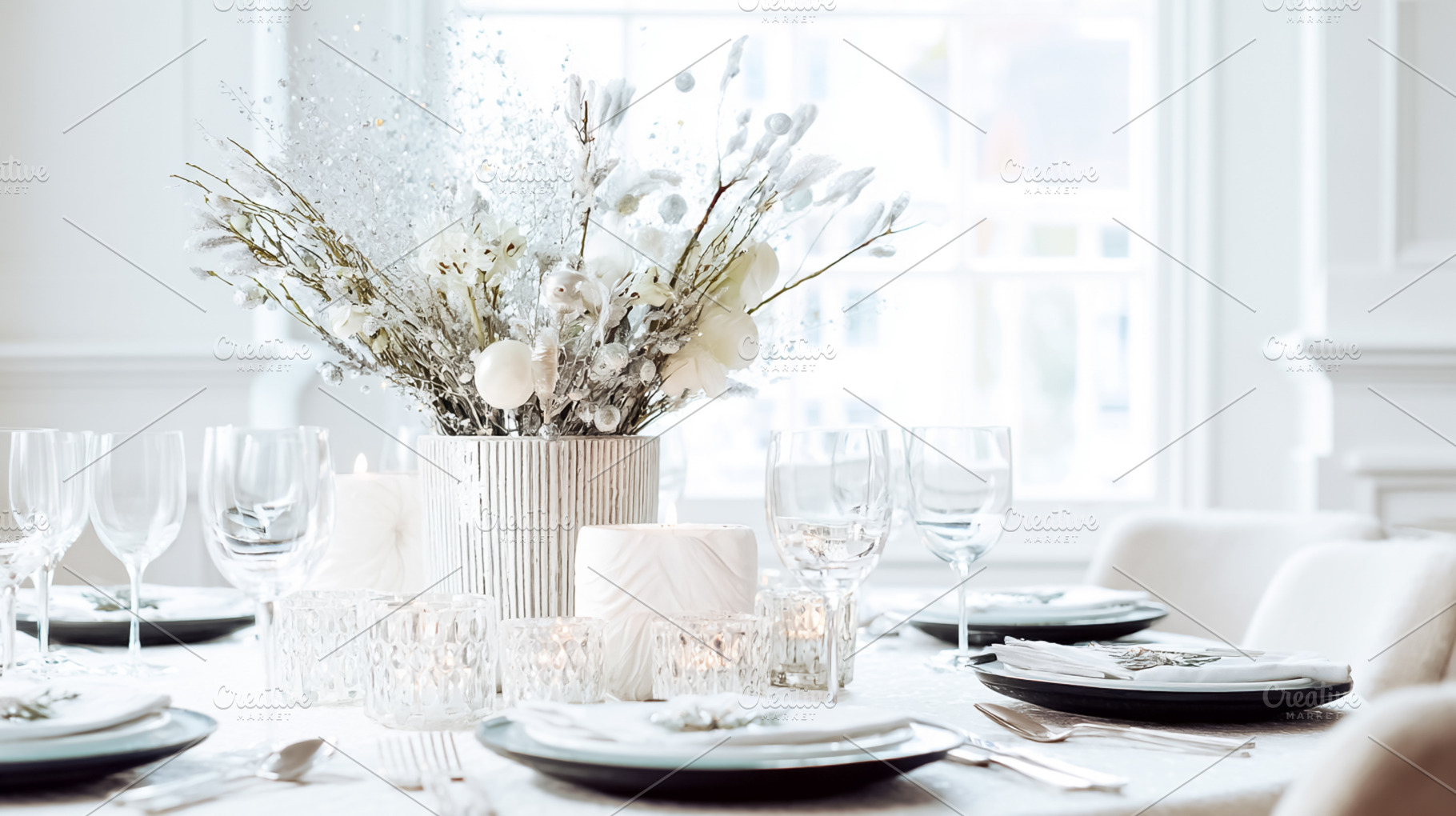 Elegant winter dinner party table setting with sparkling floral, a Photo by Studio ANNA