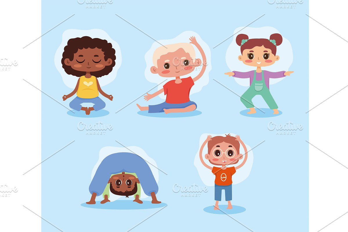 five yoga kids characters, a Person Illustration by studiogstock
