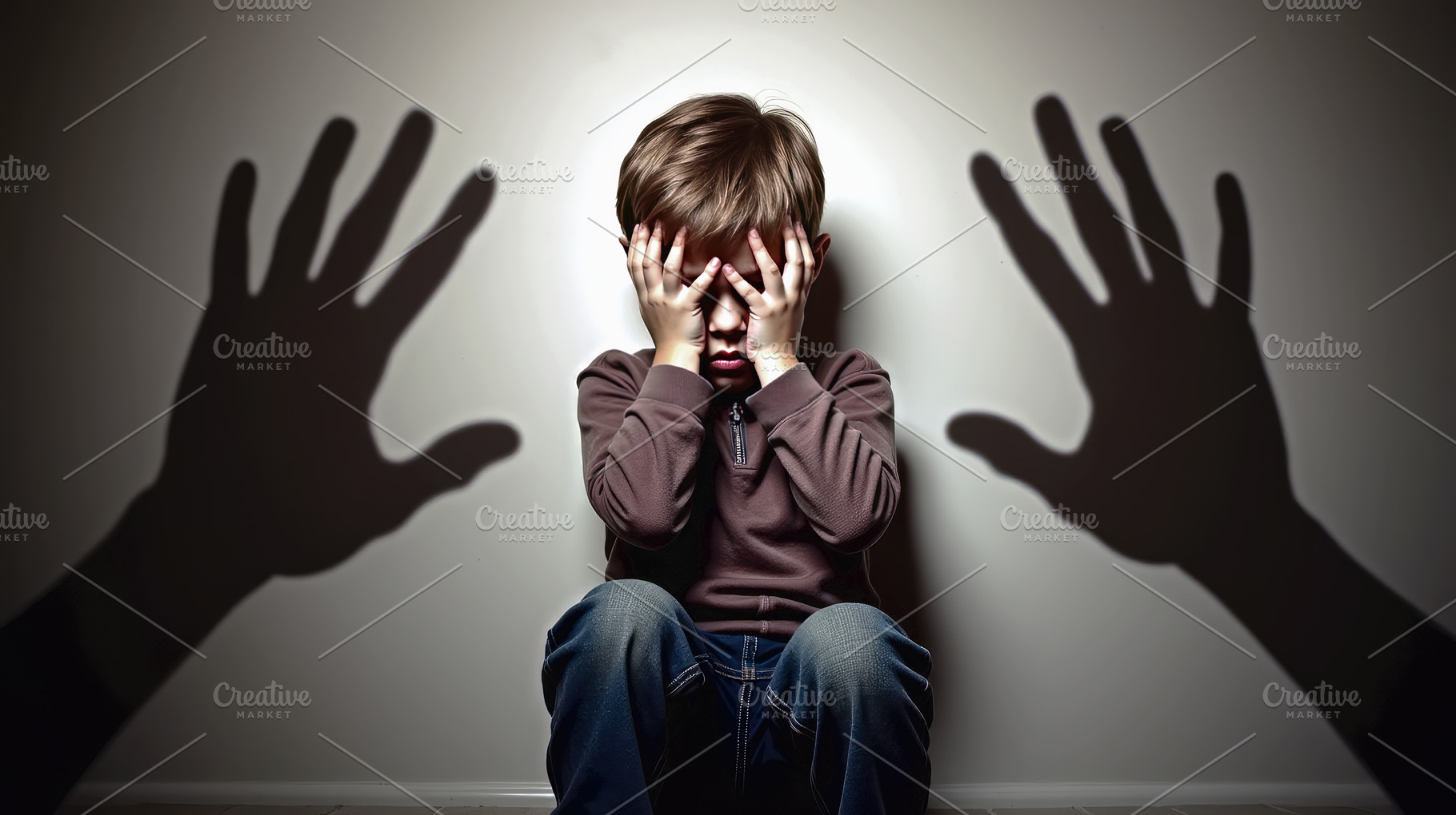 Scared child covering his face with, a School & Education Photo by Perpis