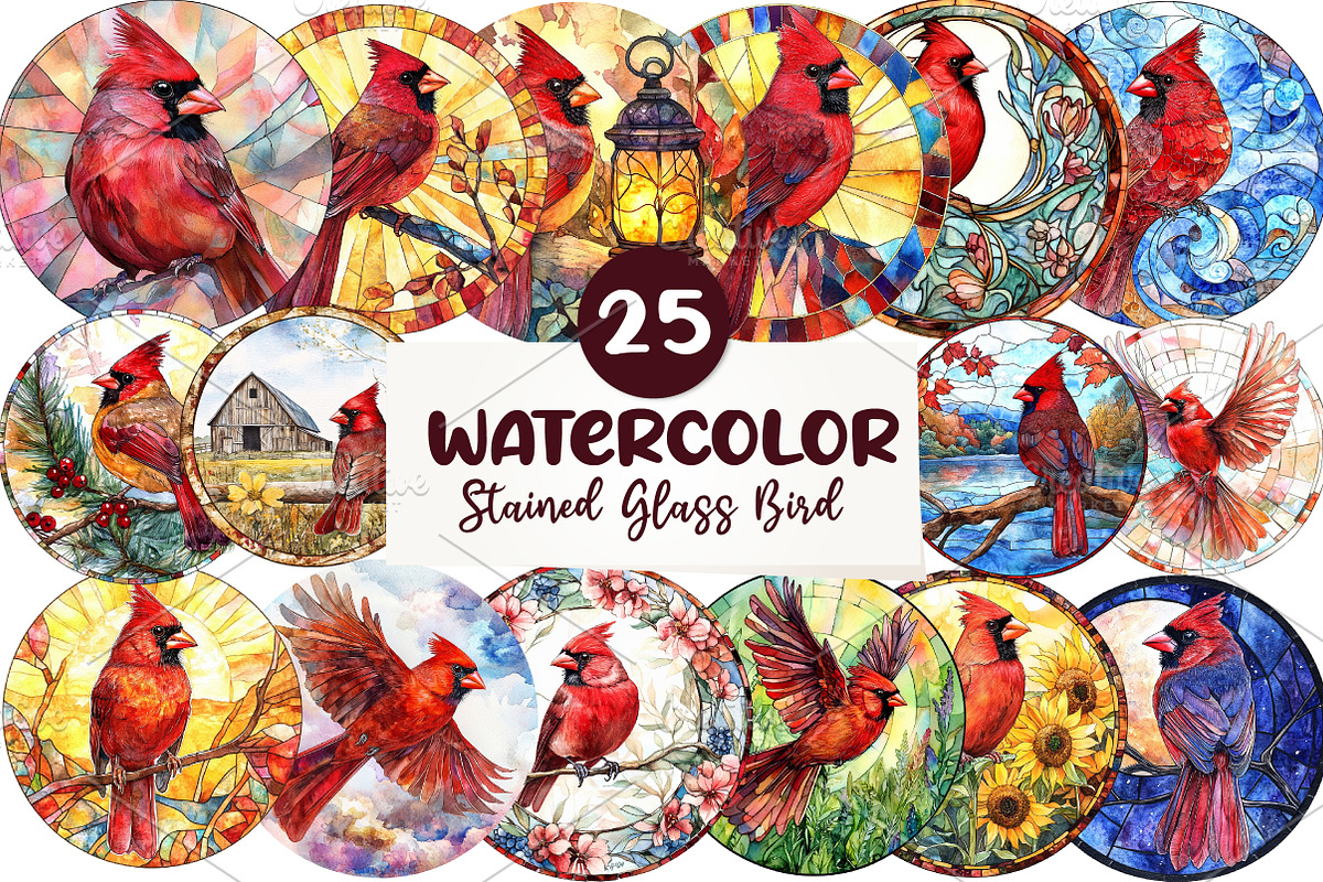 Stained Glass Cardinal Bird Clipart, an Illustration by CreationArt (Photo 1 of 5)