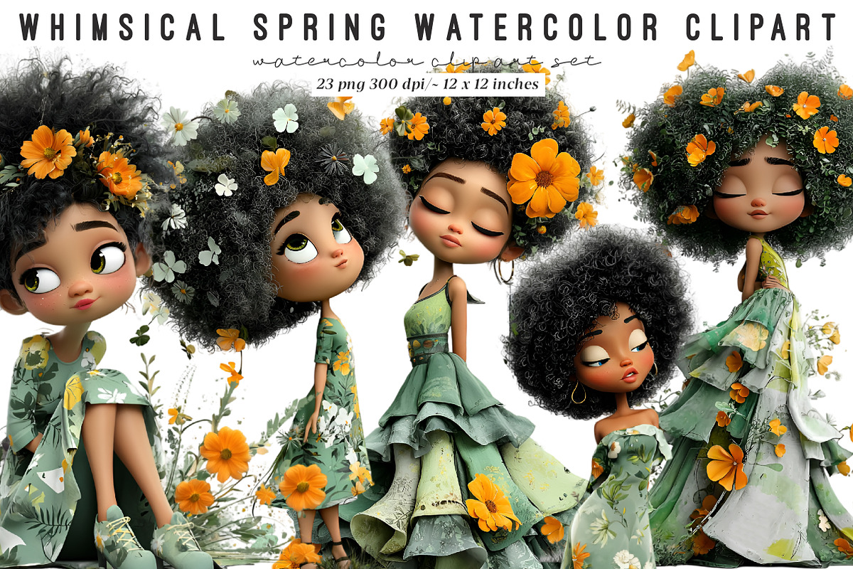 Whimsical Floral Black Girls Clipart, an Illustration by SinaCreation (Photo 1 of 9)