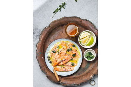 Salmon carpaccio. Salmon marinated, a Food & Drink Photo by LARISA BLINOVA