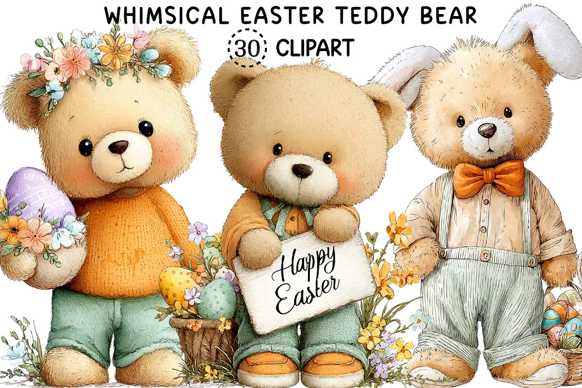 Whimsical Easter Teddy Bear Clipart, an Illustration by Creative Art (Photo 1 of 8)