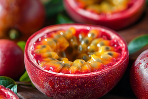 Close-up of fresh, vibrant passion fruit halves showcasing their, a Food & Drink Photo by ImageMir