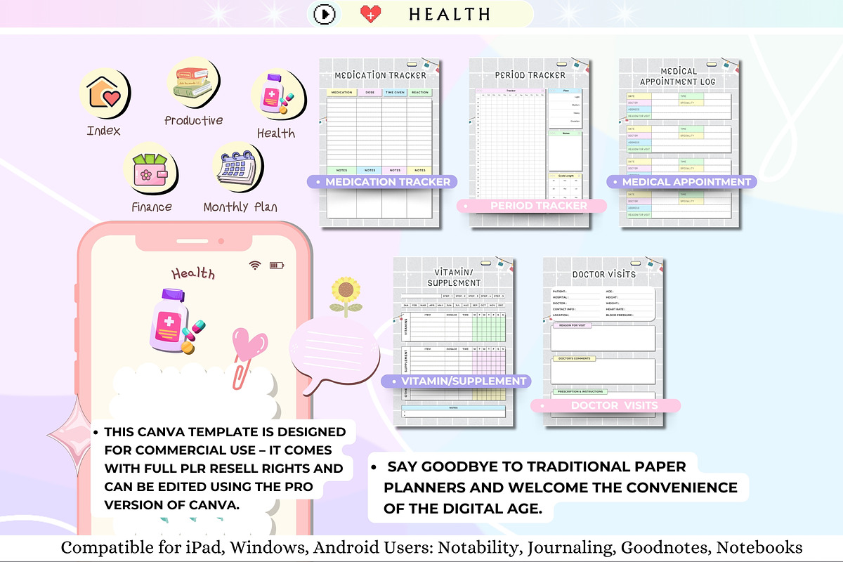 PLR Undated Digital Planner, a Stationery Template by Tas Creative Studio