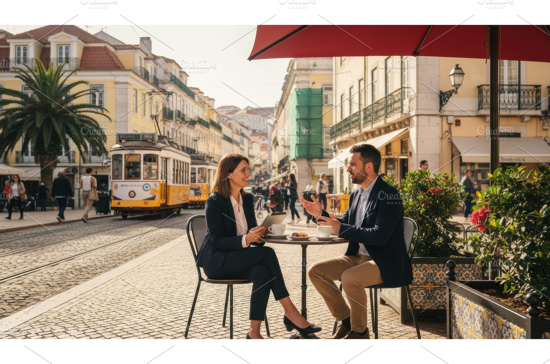 Business partners share coffee at a, an Architecture Photo by Igor Tichonow