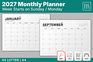 2027 Monthly Planner (MP049-27-L), a Stationery Template by mikhailmorosin