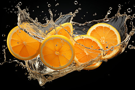 Fresh fruit floating orange juice or, a Food & Drink Photo by Pixeness