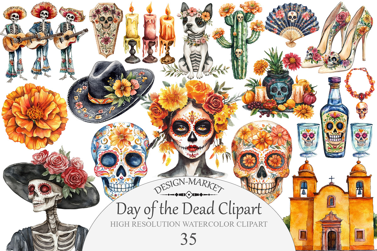 Watercolor Day of the Dead Clipart, an Illustration by Design Market (Photo 1 of 4)