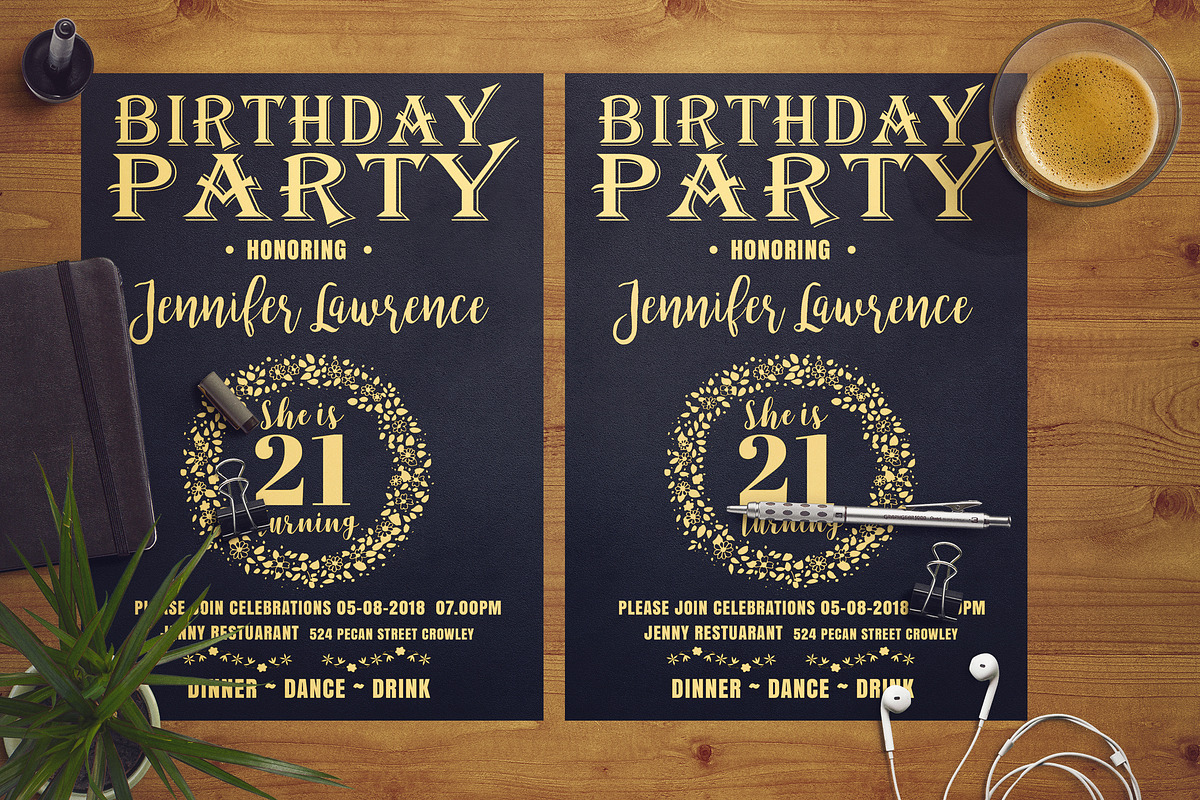 Gold Birthday Party Flyer, a Card Template by Design Addict