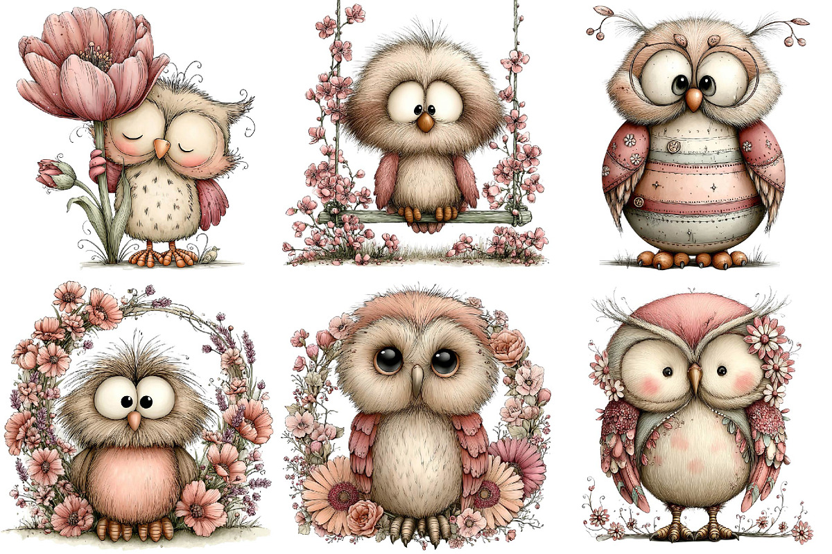 Whimsical Spring Owl Clipart Bundle, an Illustration by DreamPrint404 (Photo 4 of 6)