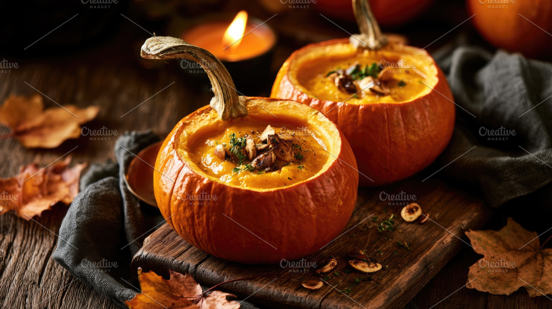 Creamy pumpkin soup served in pumpkins for Halloween dinner, a Food & Drink Photo by José Manuel Gelpi