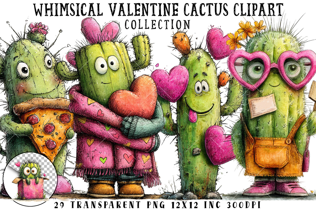Whimsical Valentine Cactus Clipart, an Illustration by OK Design (Photo 1 of 6)