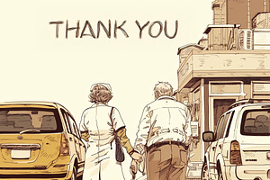 Elderly couple showing gratitude on a sunny street near parked cars, an Illustration by AS photostudio