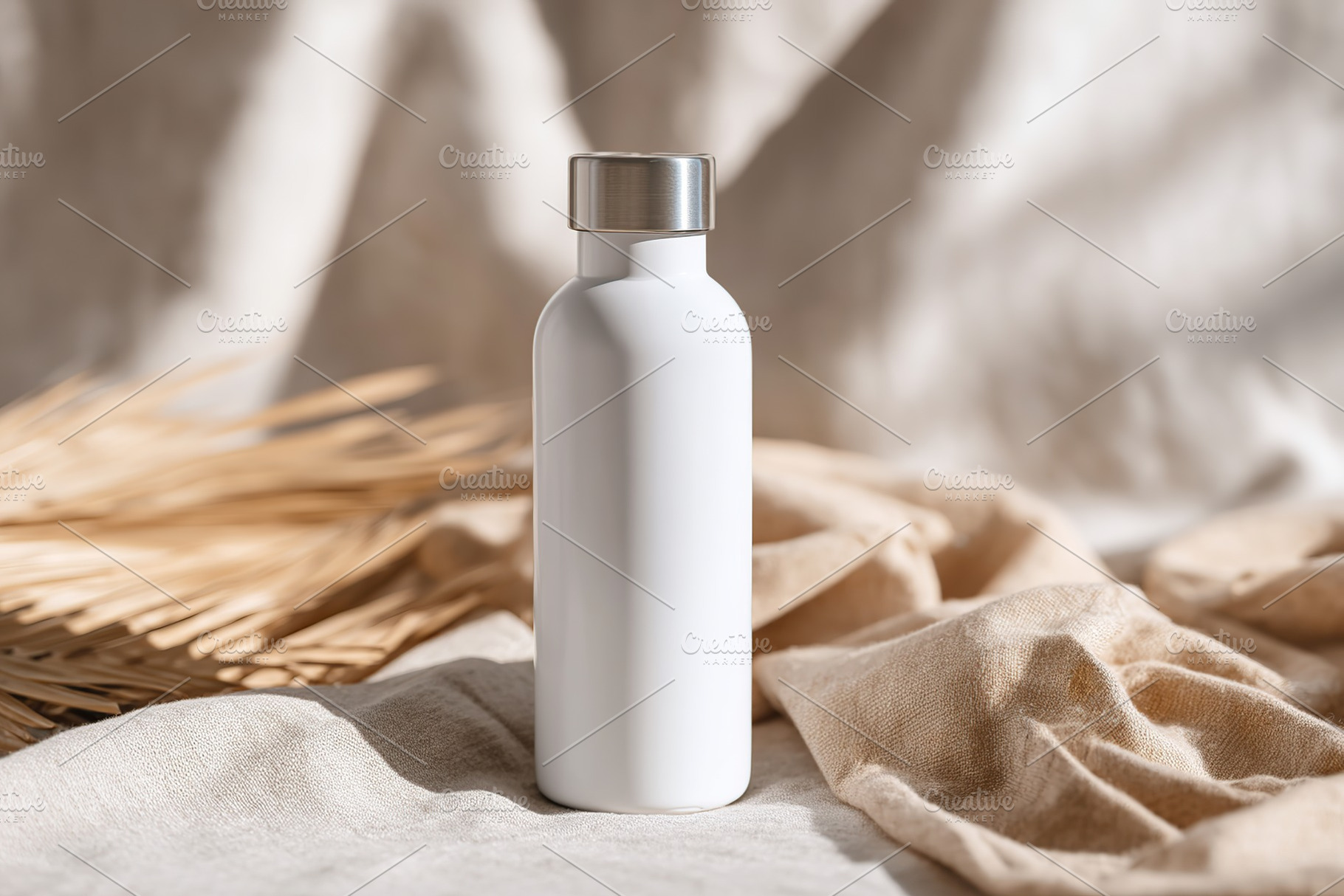 Metal bottle mockup on neutral fabric with natural elements for product present, a Photo by AlyaAnd