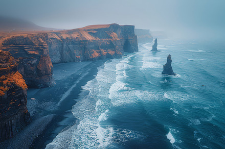 Mystic Seascape at Reynisdrangar Cliffs Near Vik, Iceland, with Dramatic Overca, a Photo by AS photostudio