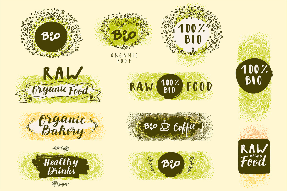 Raw Bio Vegan Food Labels, a Food Illustration by Soulful Vectors (Photo 1 of 6)