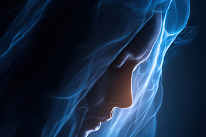 Ethereal silhouette with flowing veil illuminated by soft blue light in a dark, an Arts & Entertainment Photo by AlyaAnd