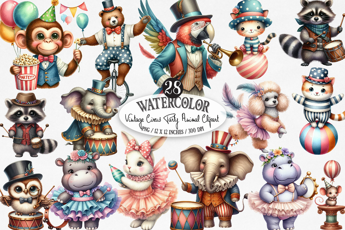 Vintage Circus Party Animal Clipart, an Illustration by Designking (Photo 1 of 4)