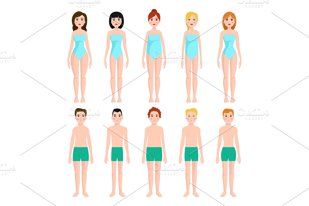 Vector illustration of different body shape types characters standing ...