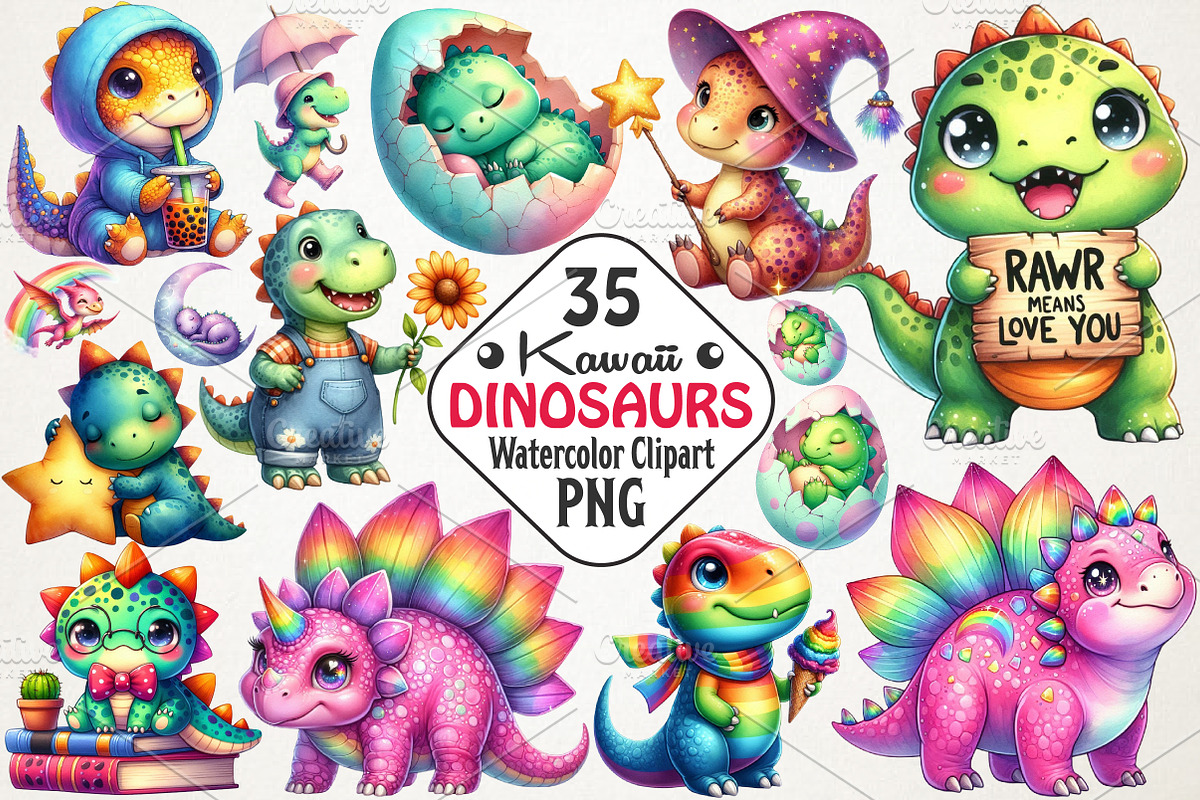 Kawaii Dinosaurs Watercolor Clipart, an Illustration by RobertsArt (Photo 1 of 7)
