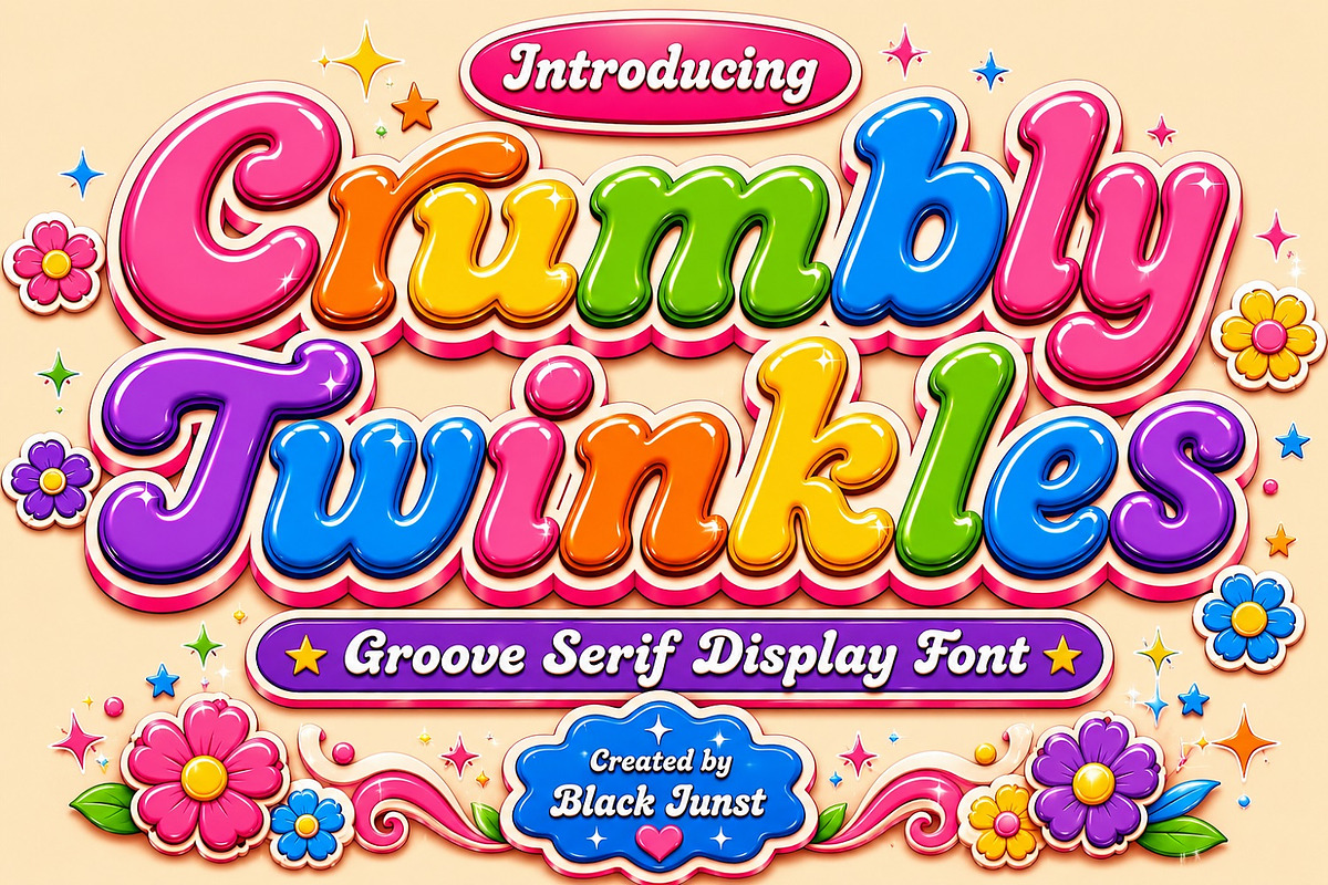 Crumbly Twinkles - Groovy Playful, a Script Font by Black Junst (Photo 1 of 10)
