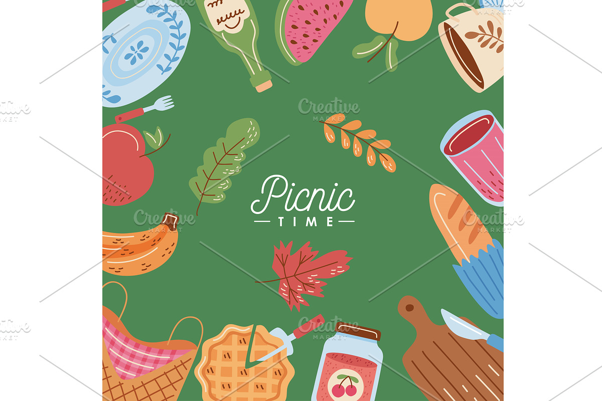 picnic time lettering in frame, a Food Illustration by studiogstock